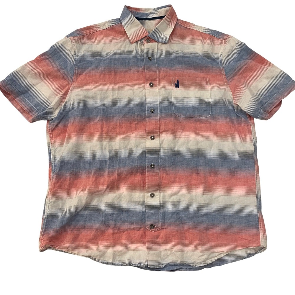 Johnnie-O Hangin Out Mens Large Red White Blue Stripe Short Sleeve Button Shirt